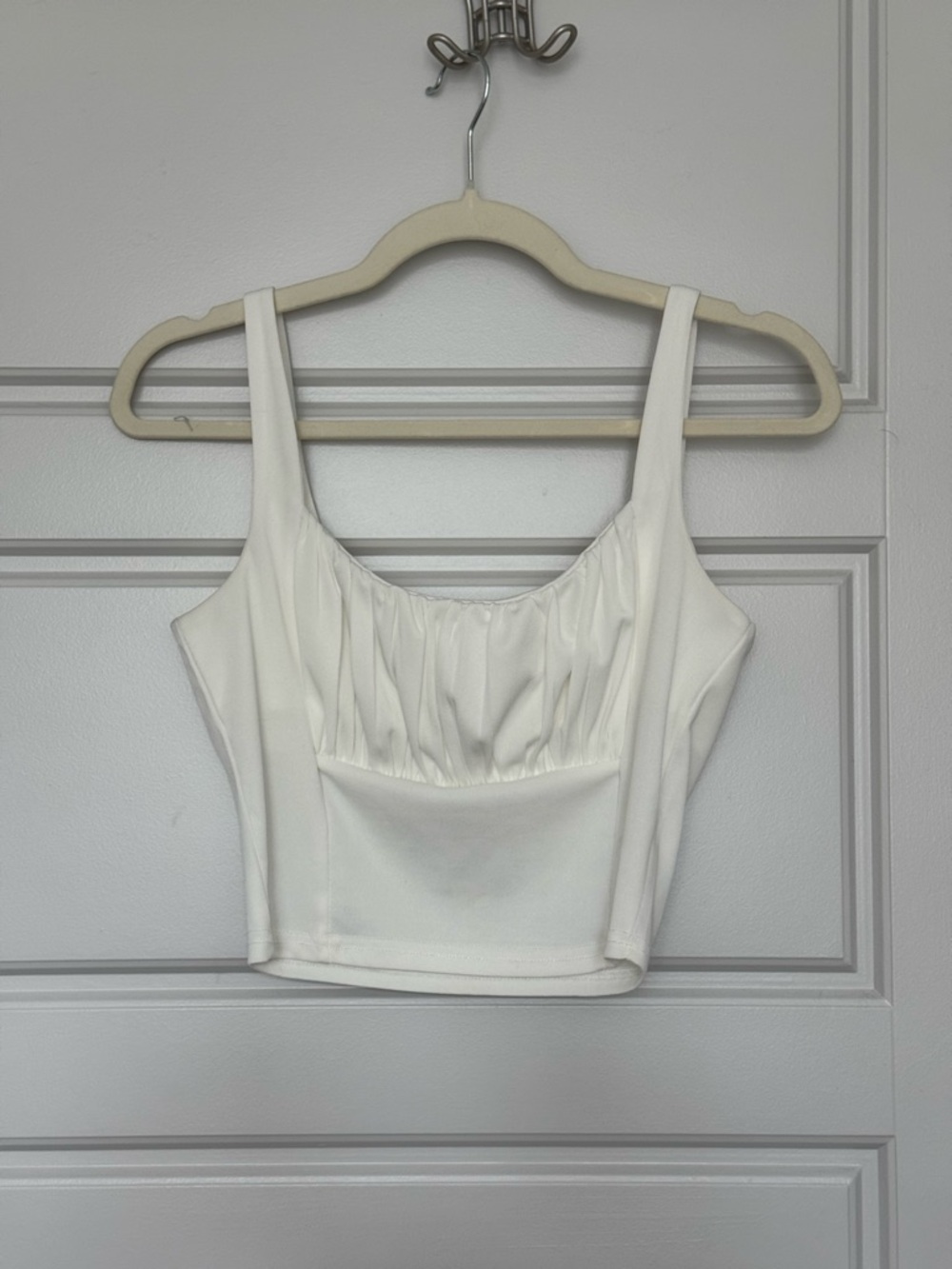 White Ruched Bust Square Neck Crop Tank Top